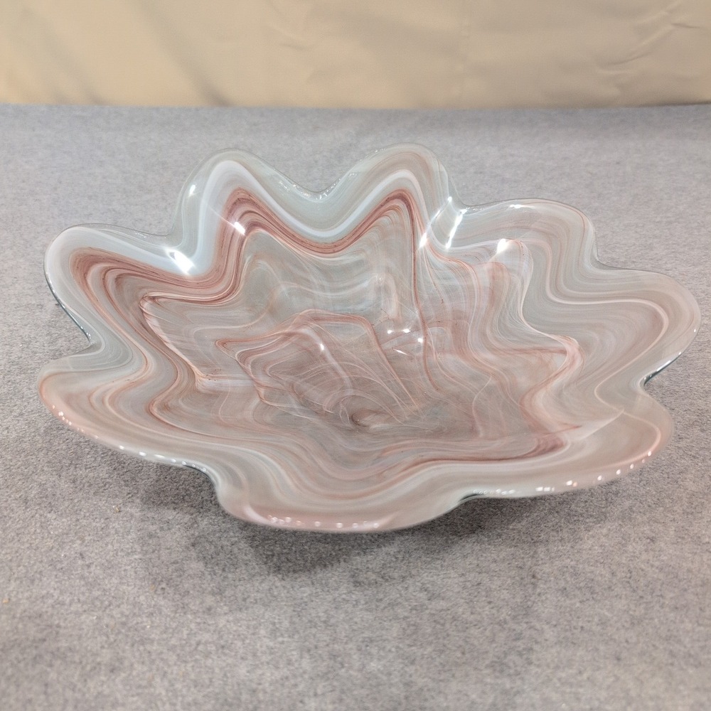 Art Glass Ruffled Bowl Mauve White Swirl Hand Blown Centerpiece - Picture 1 of 6